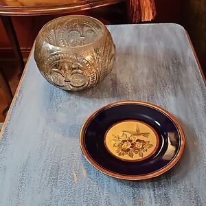 Hummingbird Chokin Plate & Fleur de lis golden glass bowl